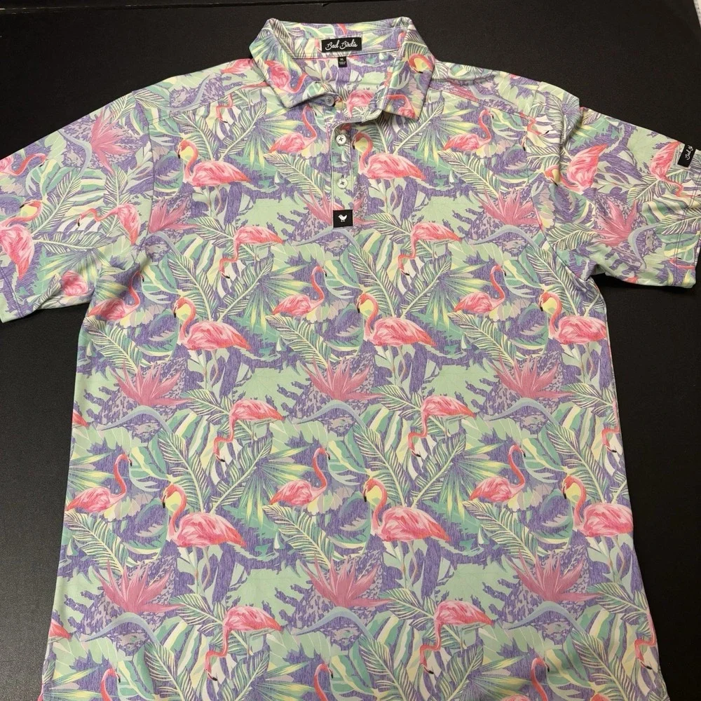Bad Birdie Performance Polo Shirt‎ Men's XL Flamingo All Over Print Floral Golf